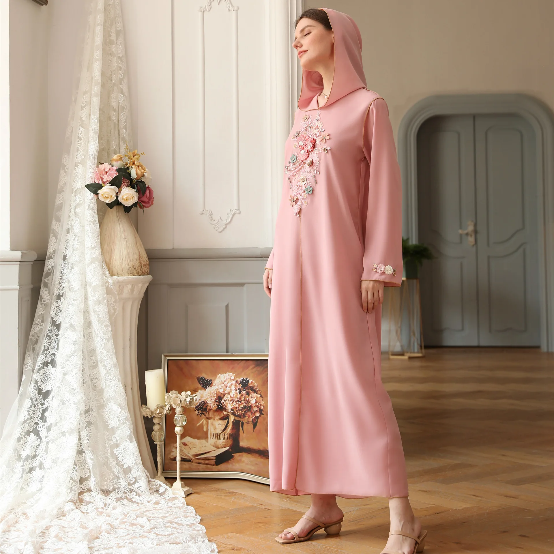 

Moroccan robe Pink hooded handmade flowers fresh fairy casual long dress