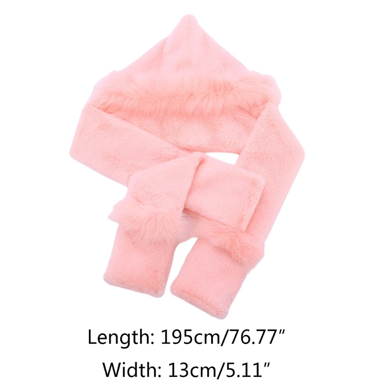 

Winter 2 In 1 Hooded Long Scarf Beanie Hat Solid Color Thicken Double Layer Fuzzy Plush Earflap Cap Neck Warmer Wrap