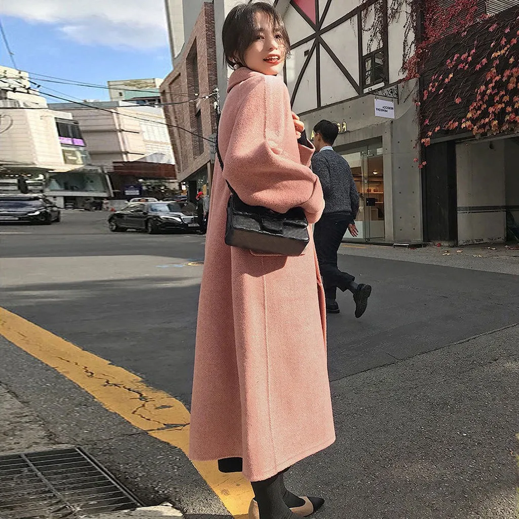 Women Work Solid Vintage Winter Office Long Sleeve Button Woolen Jacket Coat