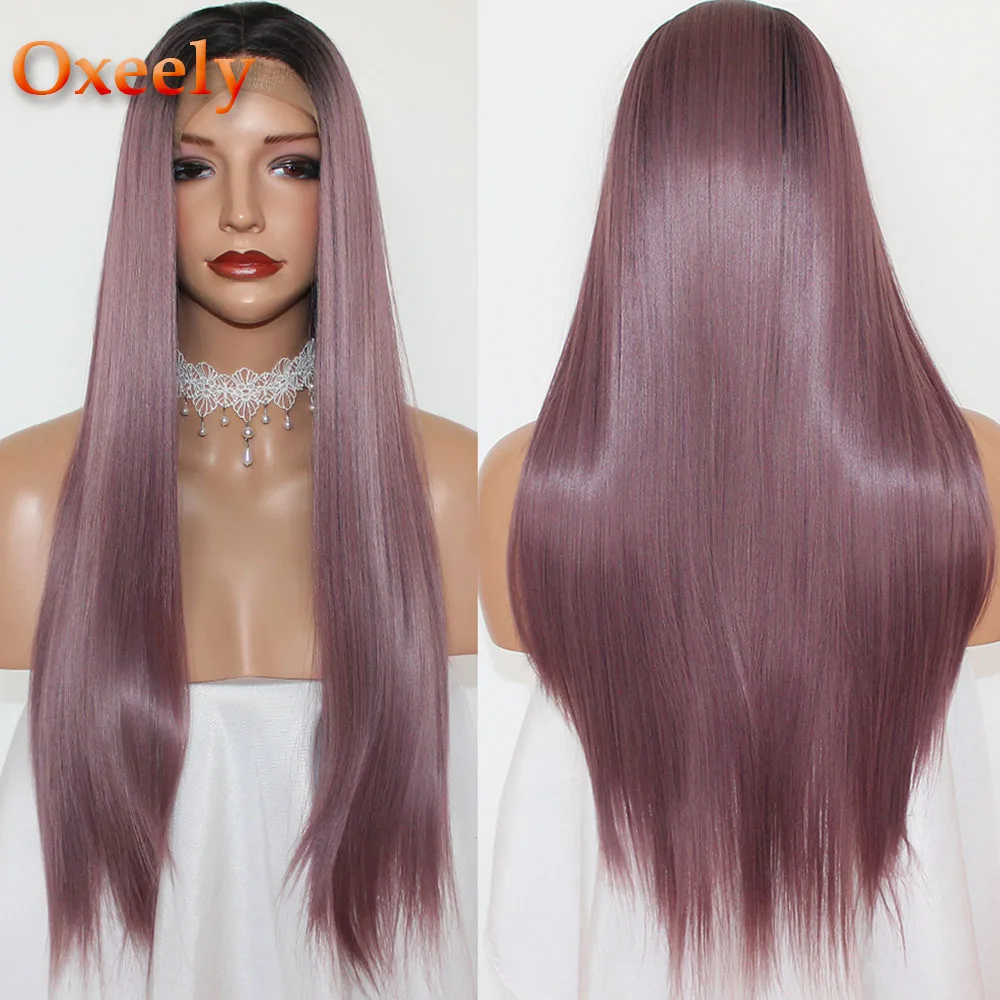 ombre purple Oxeely длинные прямые волосы Омбре зеленый цвет кружева перед парики термостойкой, без клея Синтетические Кружева передние парики для черных женщин - Цвет: ombre purple