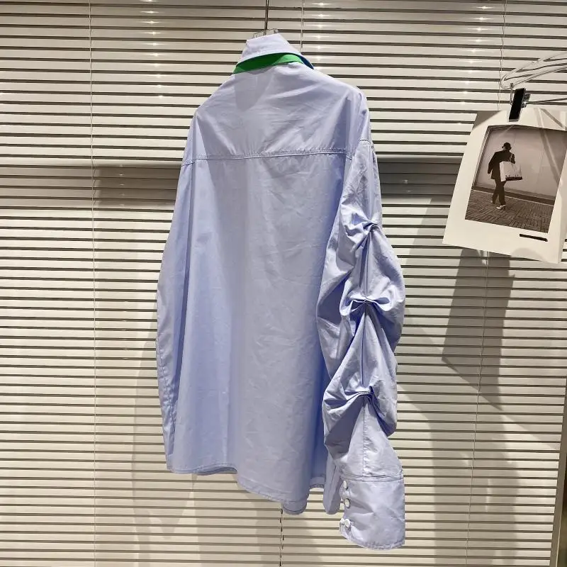 

2021 Spring New Fashion Contrast Color Tie Puff Sleeve Shirt with Vest Two-Piece Set Womens Tops Personality Shirt Blouses