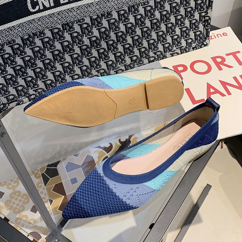 Pointed Shallow Shoes Women Flat Shoes Knit Moccasin Mixed Color Ballet Woman Soft Single Shoe Breathable Mujer Zapatos De 35-40