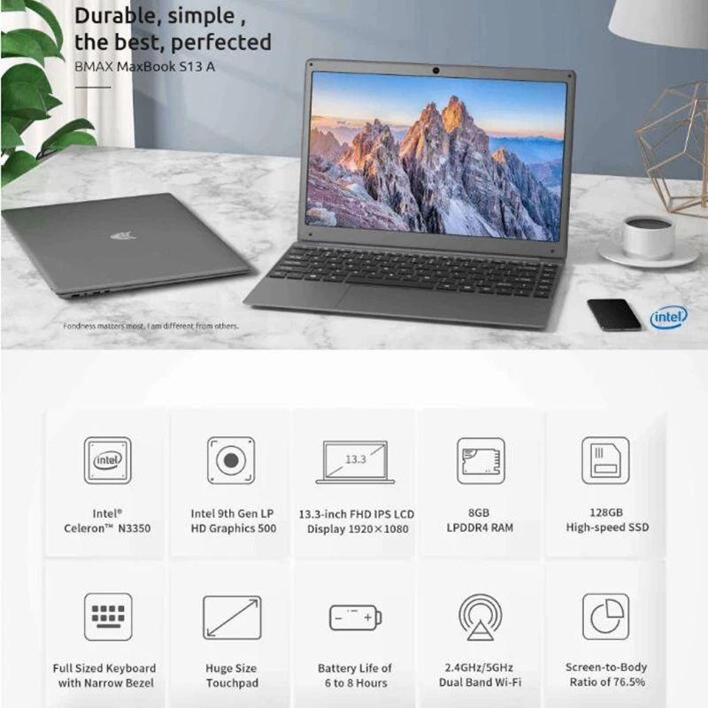 BMAX S13 Ноутбук 13 3 дюймов Intel Celeron N3350 8 Гб LPDDR4 Оперативная память 128GB SSD Встроенная