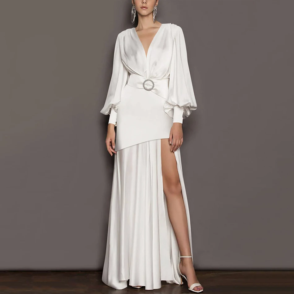 

Женское длинное плиссированное платье, роскошное вечернее платье знаменитости с V-образным вырезом, длинным рукавом и поясом с разрезом, ле...