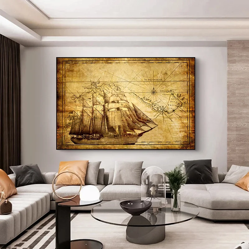 Винтажный Европейский плакат с парусной лодкой античная карта Фэнтезийный