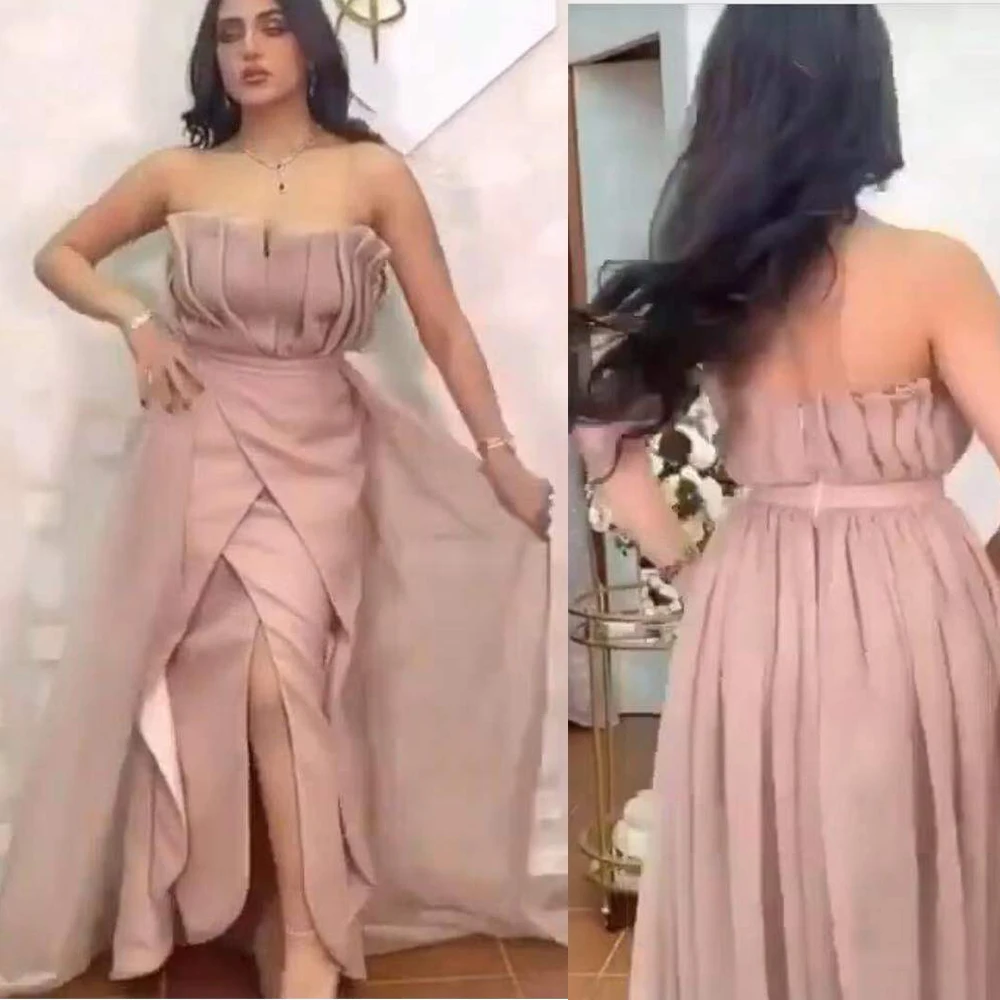 

champagne prom dresses 2020 pleats front slit a line evening dresses formal dresses