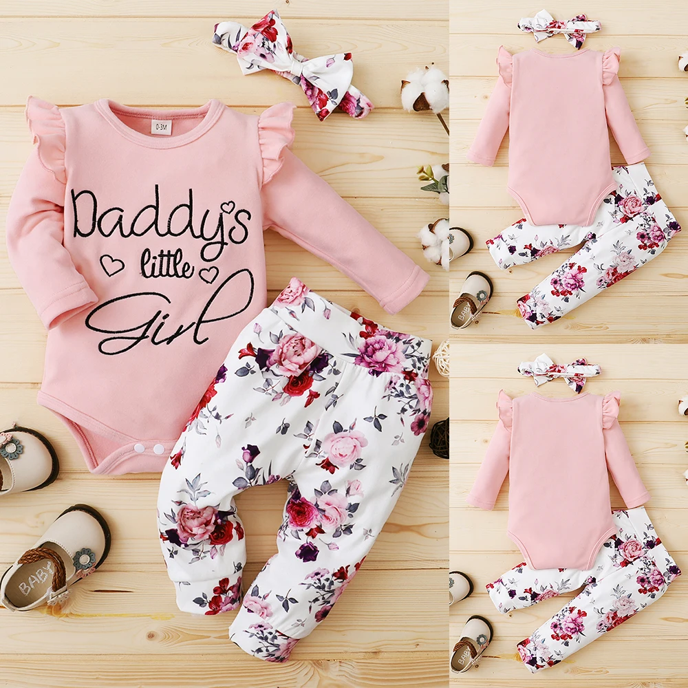 

Letter Floral Printed Baby Girl Clothing Set 3 Piece Fall Cute Newborn Outfits Clothes Ruffle Romper + Pants + Hair Band Clothes