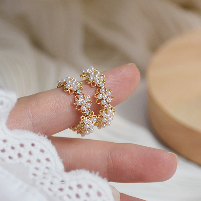 

Luxury 14K Real Gold Pearl Flowers Hoop Earrings for Women Jewelry Brilliant AAA Zirconia S925 Silver Needle Stud Wedding Party