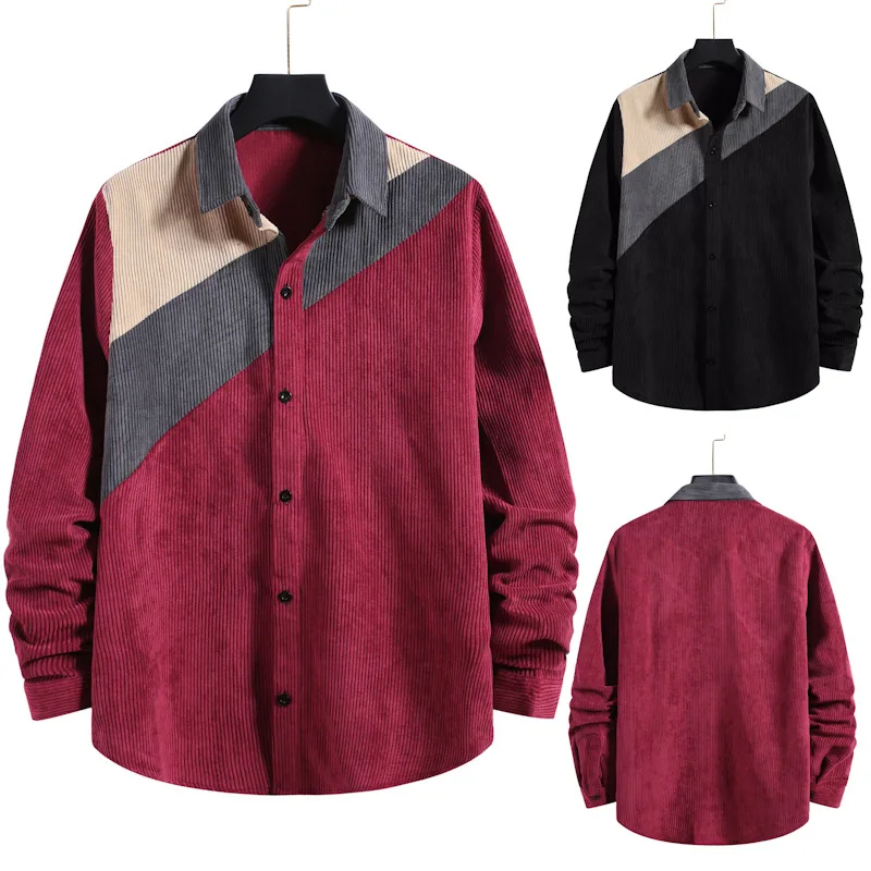 

Corduroy Patchwork Men Shirts Long Sleeve Shirt Mens Pocket Colorblock Splice Contrast Camisas Streetwear Striped Oversized