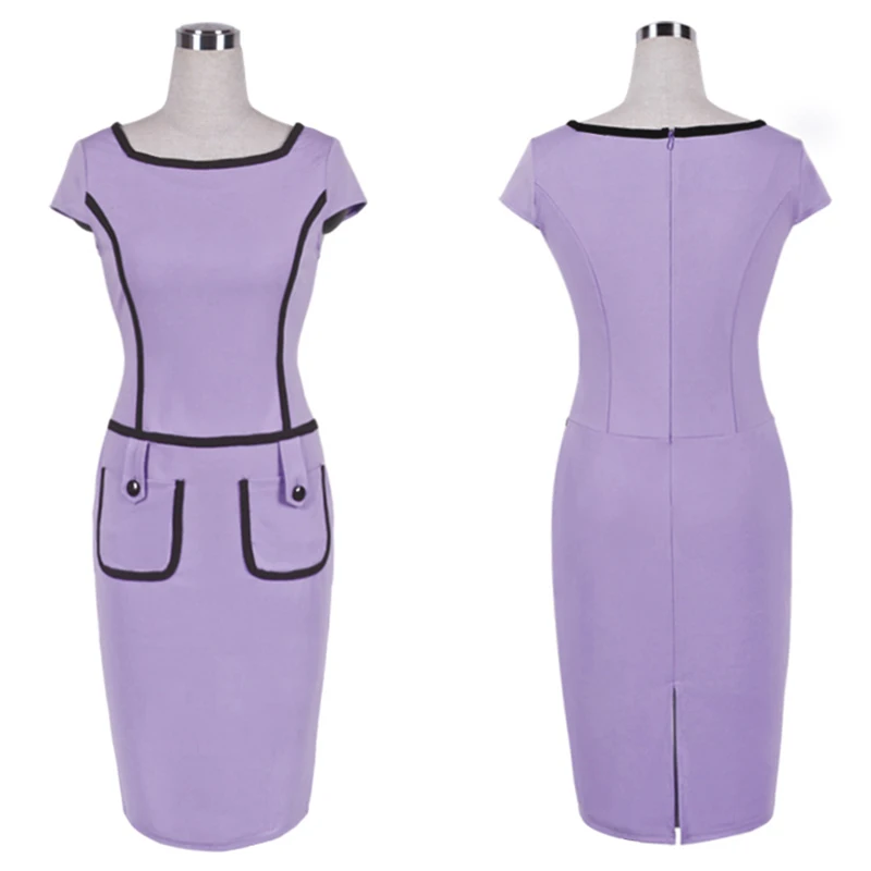 

Nice-forever Summer Women Elegant Purple Color Office Dresses Vintage Bodycon Work Dress 789