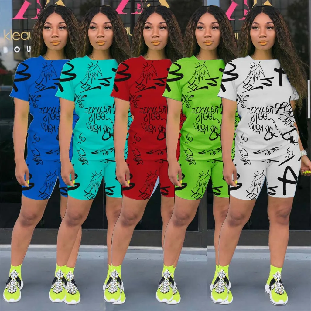 

Adogirl Casual Letter Print Women Set Graffiti Short Sleeve Tee Top Shorts Two Pieces Set Tracksuits Female Sporty Home Wear