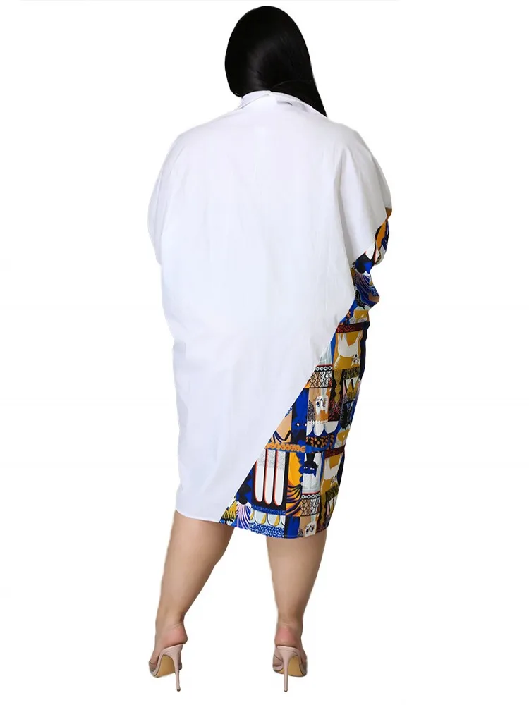 

YDWHQZH Women Clothing Dress Plus Size 2021 New Summer Temperament Commuter Lapel Feature Stitching Fashion Printed Shirt Dress