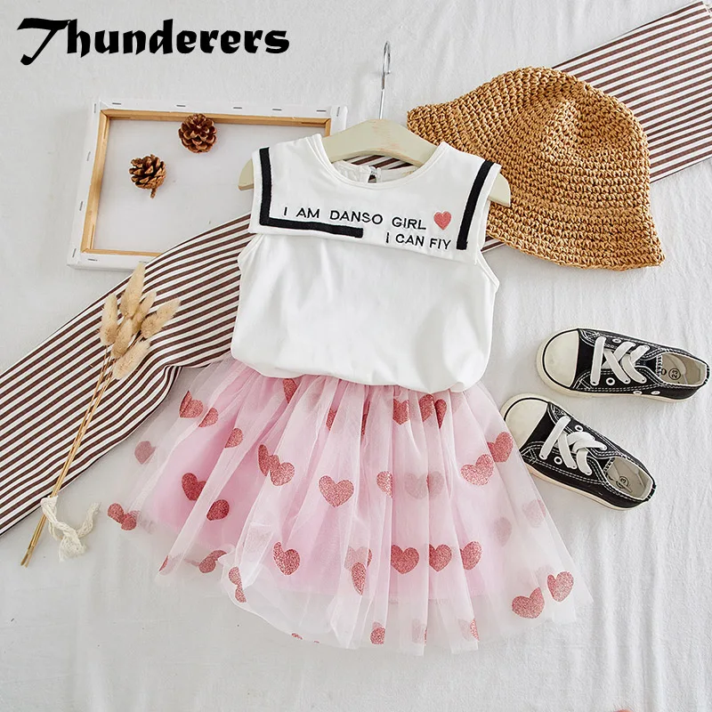 

Thunderers Summer Kids Clothing Set For Girls Sleeveless Shirt With Cartoon Skirt Children 2pcs Outfits Summer Clothes 3Y-7Y