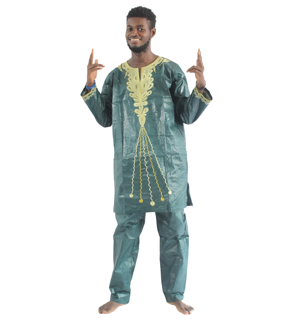 

MD 2022 African Men's Shirt Pants Set 2 Pieces Dashiki Clothes Suit Bazin Riche Embroidery Top Trouser Traditional Formal Attire