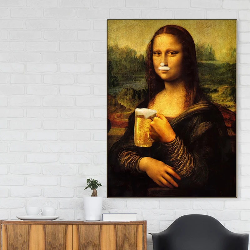 

Famous Funny Mona Lisa Drinking Beer Modular Canvas Paintings Posters and Prints Wall Art Pictures for Living Room No Frame