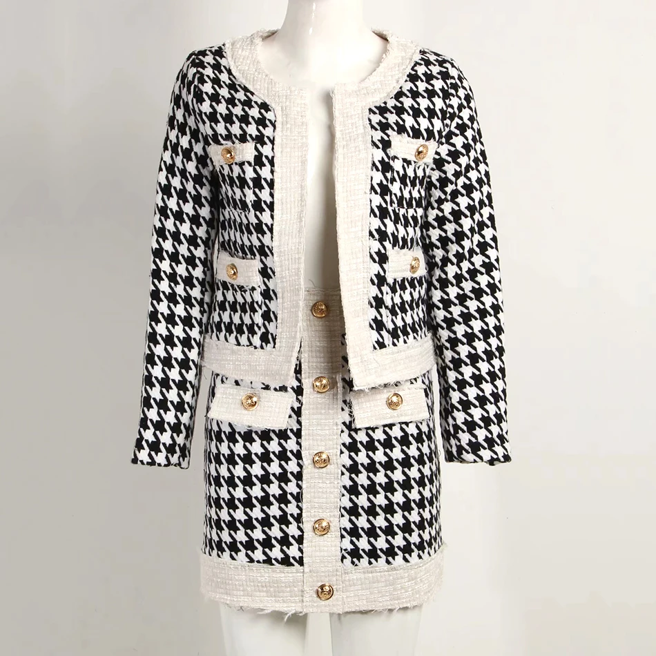 Черный Ailigou Winter New Women'S Houndstooth Tweed 2 Sets Of Sexy Long-Sleeved Round Neck Button Coat+ Skirt Vestidos Party Suit - Цвет: Черный