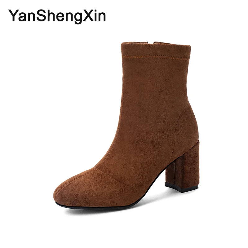 Brown YANSHENGXIN/обувь женские ботинки однотонные замшевые сапоги до середины икры на молнии Женская обувь на высоком каблуке осенне-зимние сапоги женские ботинки - Цвет: Brown