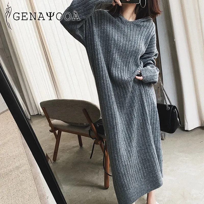 Осенне зимние платья Genayooa женские с длинным рукавом и капюшоном модель 2020 года