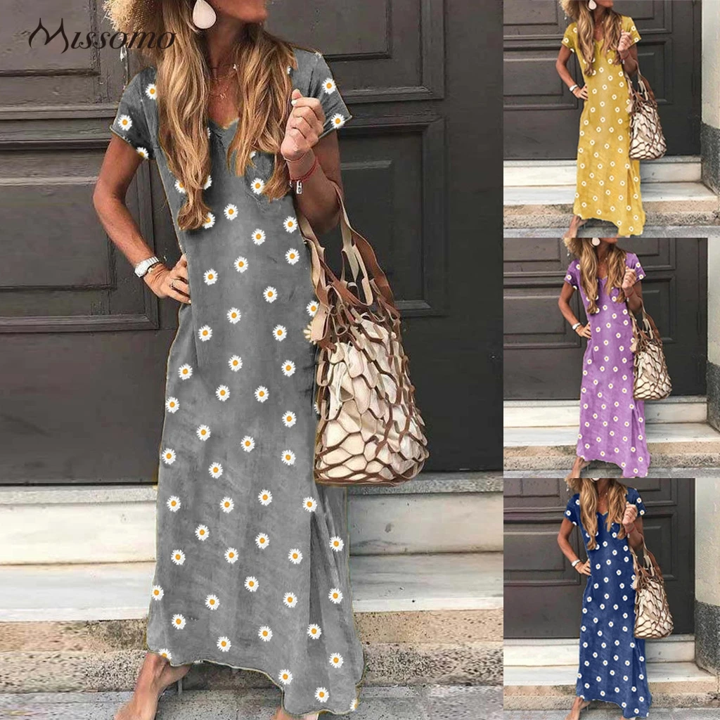 MISSOMO Summer Dress Plus Size 5XL Women Daisy Print Woman V Neck Short Sleeve Long Maxi Vestidos Bohe Dresses Robe|Женские платья| |