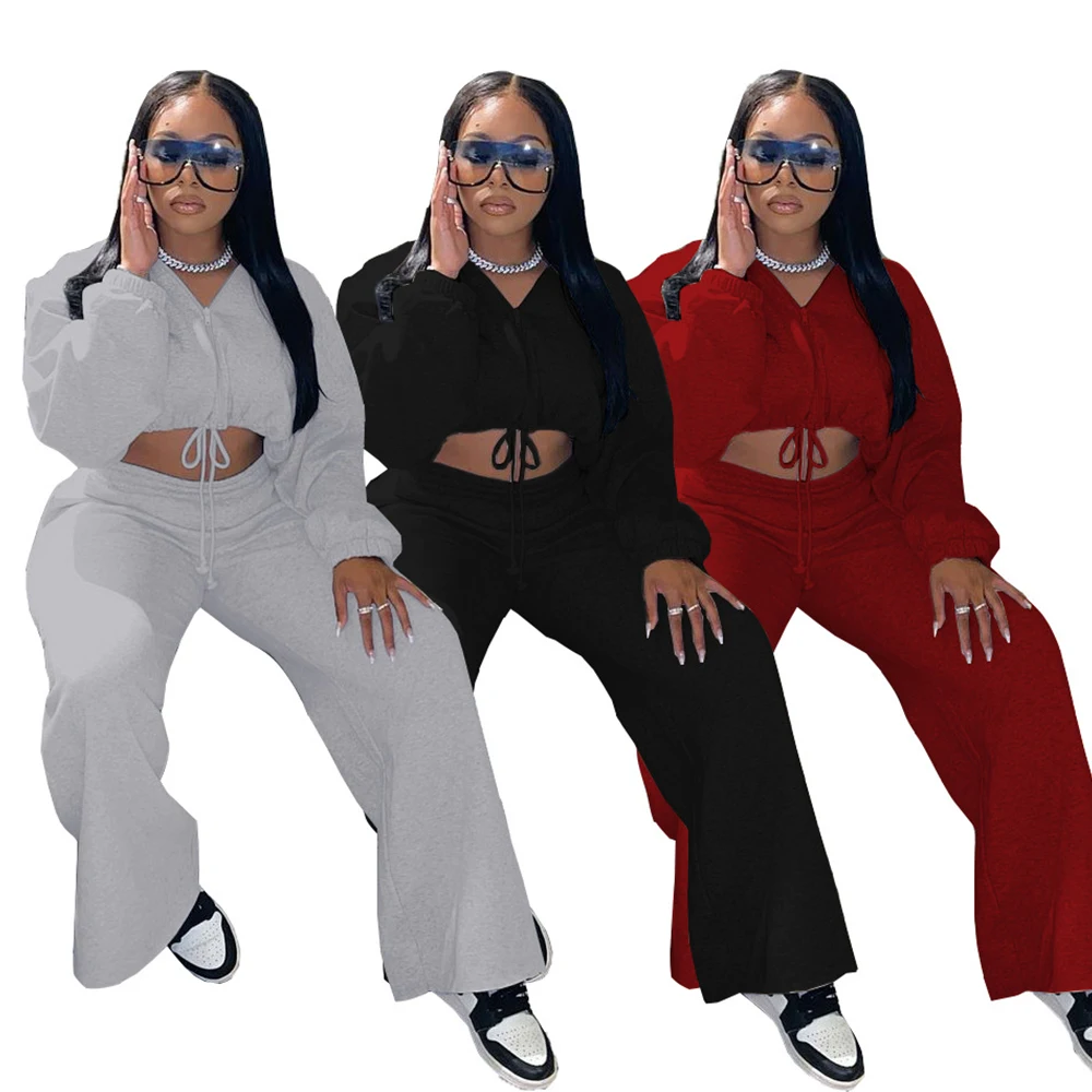 

Осенняя Женская одежда, однотонный топ на молнии с кулиской и капюшоном, спортивные костюмы, повседневные брюки, комплект из двух предметов,...