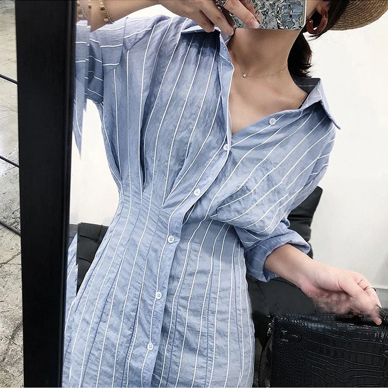 Платье-рубашка женское однобортное офисное Полосатое платье на пуговицах одежда