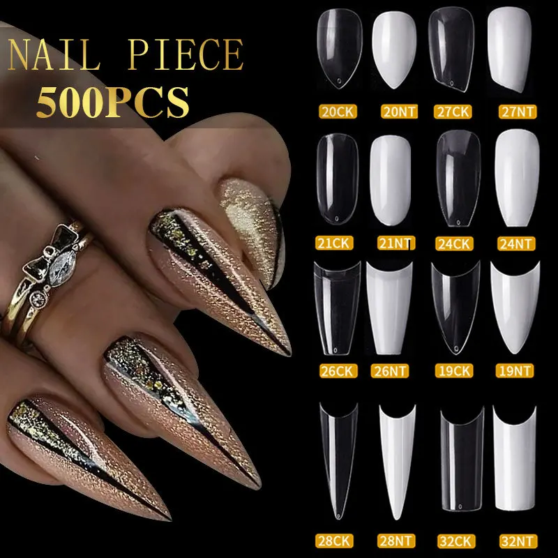 

500 Pieces Of Acrylic False Nail Extensions, Seamless Full/Half Coverage Bagged Transparent Pressed Nail Jewelry