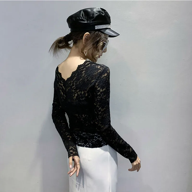 New V-Neck White Shirt Women Casual Long Sleeve Lace Blouse 2020 Hollow Out Autumn Tops Korean Style Clothes Womens Shirts | Женская