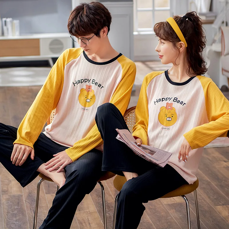 Новые осенне-зимние хлопковые Пижамные комплекты для пар с длинным рукавом в