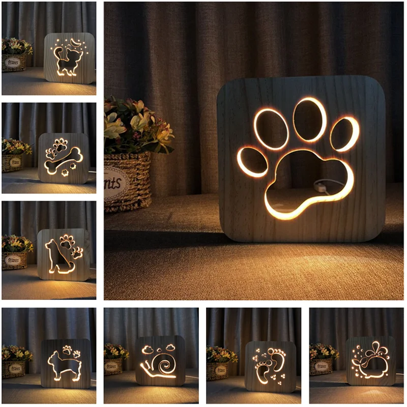 

Acecorner LED USB Night Light Wooden Dog Paw Cat Wolf Head Animal Lamp Novelty Kid Bedroom 3D Decoration Table Lights Child Gift