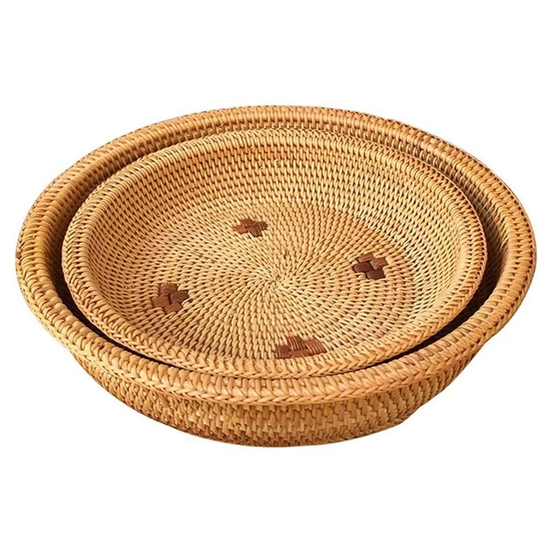 

2 Pcs Rattan Hand Woven Round Fruit Basket Food Snack Storage Tray Dining Room Bowl,Wicker Bread Baskets,Pantry Baskets