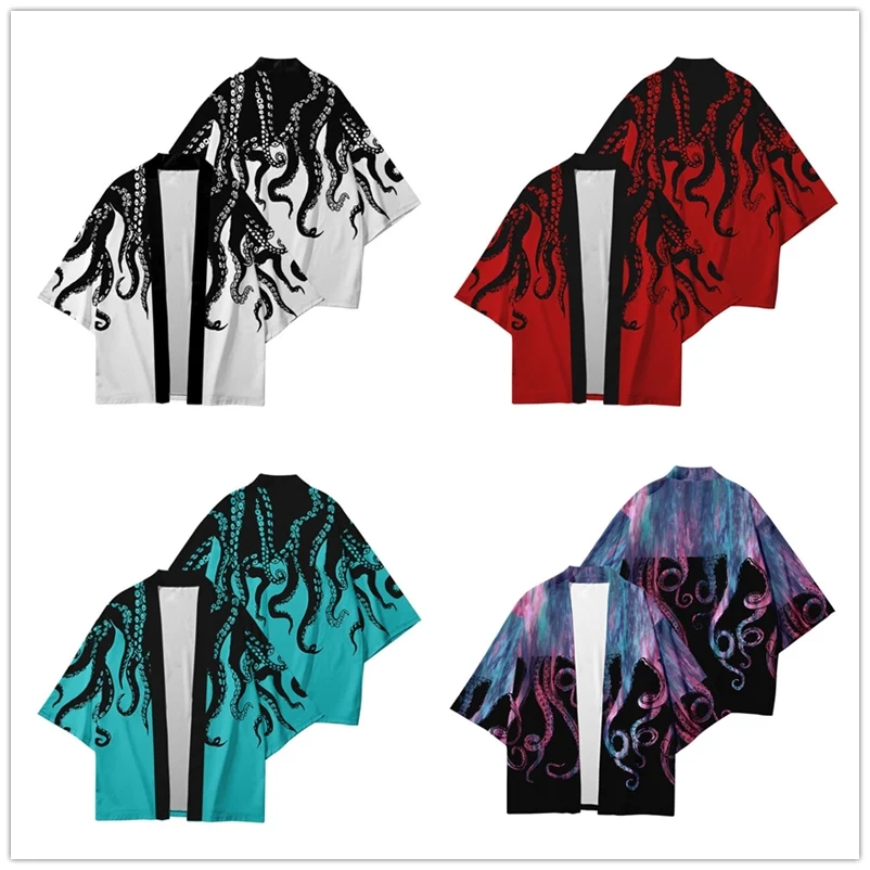 

Octopus 3D Japanese Kimono Haori Yukata Cosplay Fashion Short Sleeve Kimono men womens Shirts Streetwear Cardigan tops tshirt