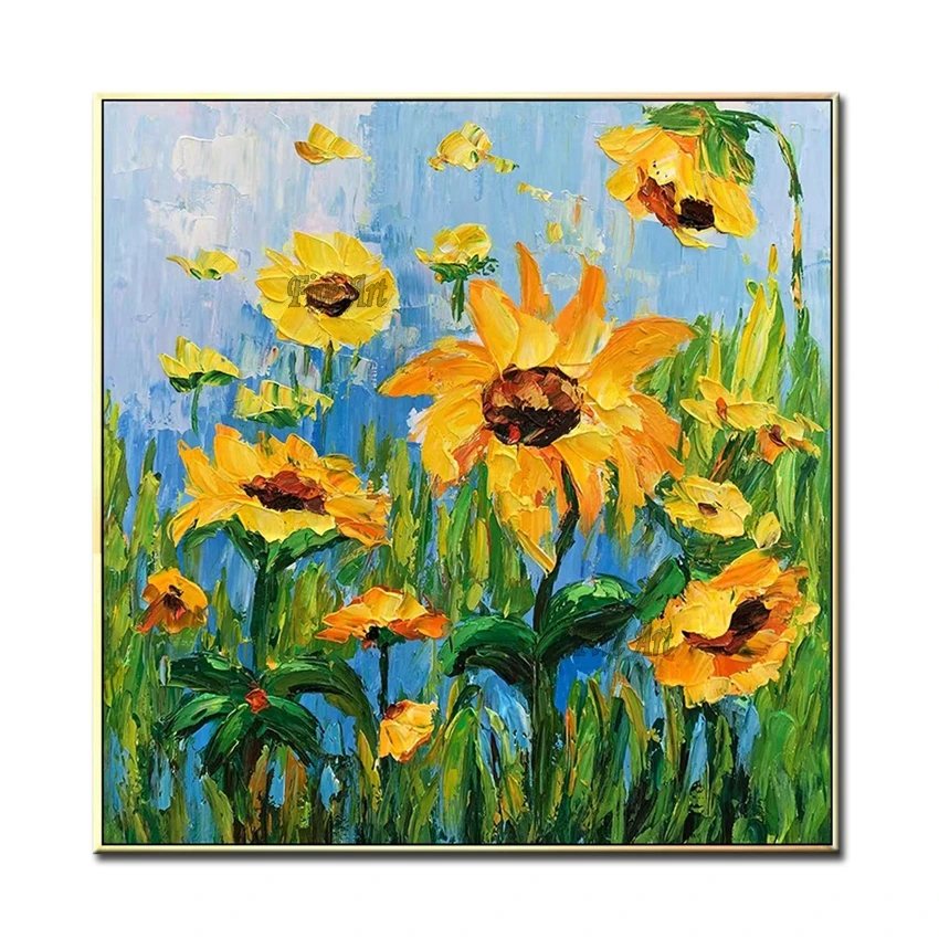 

3D Texture Knife Sunflowers Canvas Picture Art Free Shipping Flower Abstract Oil Painting Wall Decoration Panel Picture Artwork