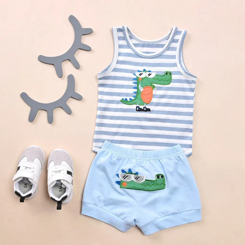 

Summer Summer Baby Suit Casual Shorts Baby Boy Casual Sleeveless Cartoon Animal Pattern Tops Vest With Shorts Outfits Set