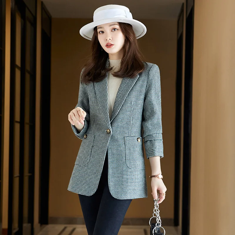 

Women's jacket Fashion Green Plaid Coat OL Styles Fall Winter Blazers for Women Business Work Blaser Outwear Tops Plus Size 4XL