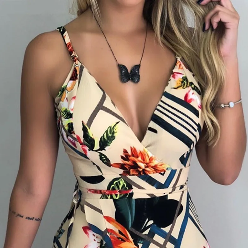 

2021 European and American slim temperament print suspender jumpsuit women's shorts