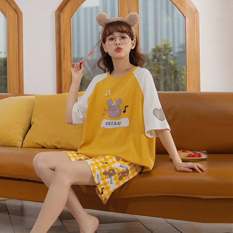 

Women's pajamas summer knitted cotton pajamas female cute Japanese home style two-piece short-sleeved shorts pajamas suit