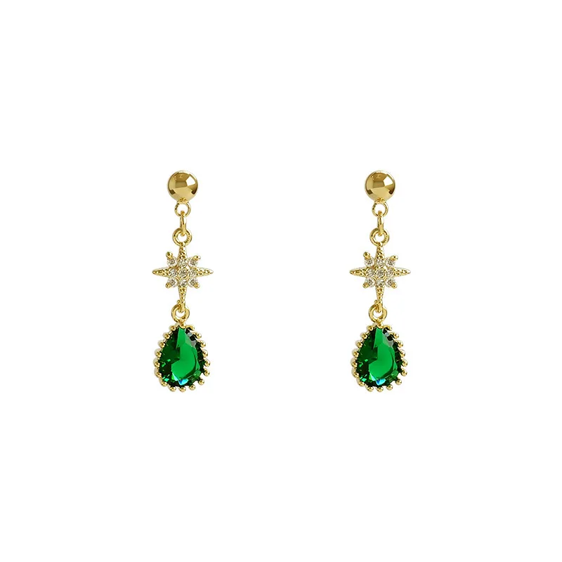 

2021 Fashion Green Crystal Pendant Earrings Korean Elegant Star Micro Zircon Earrings for Women 925 Silver Needle Jewelry