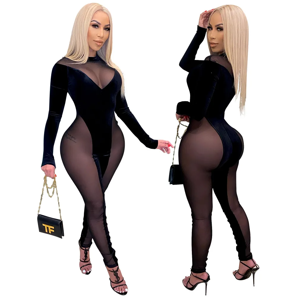 

See Through Velour Mesh Sexy Jumpsuit For Women Spring Autumn Long Sleeve Black Romper Playsuits Clubwear Nightclub Bodysuit