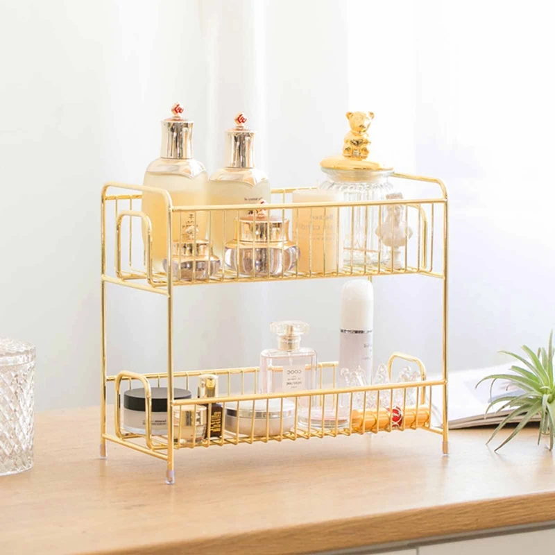 

2 Слои стеллаж для хранения Nordic железа цвета розового золота Гостиная Спальня настольная полка для хранения косметики полый Органайзер