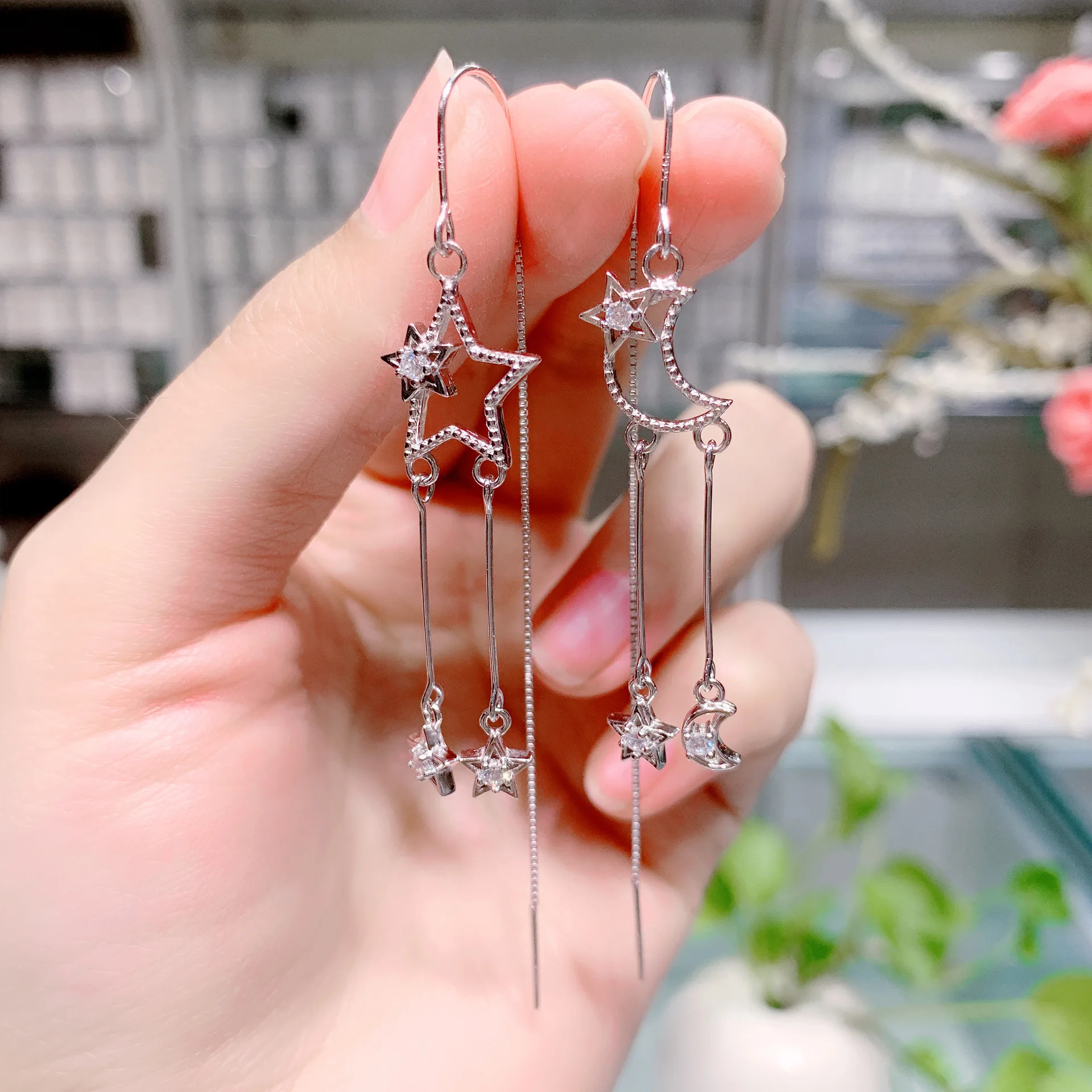 

Viwisfy Asymmetric Star Moon Crystal Charms Long Style Sterling 925 Silver Drop Earrings For Women VW21371