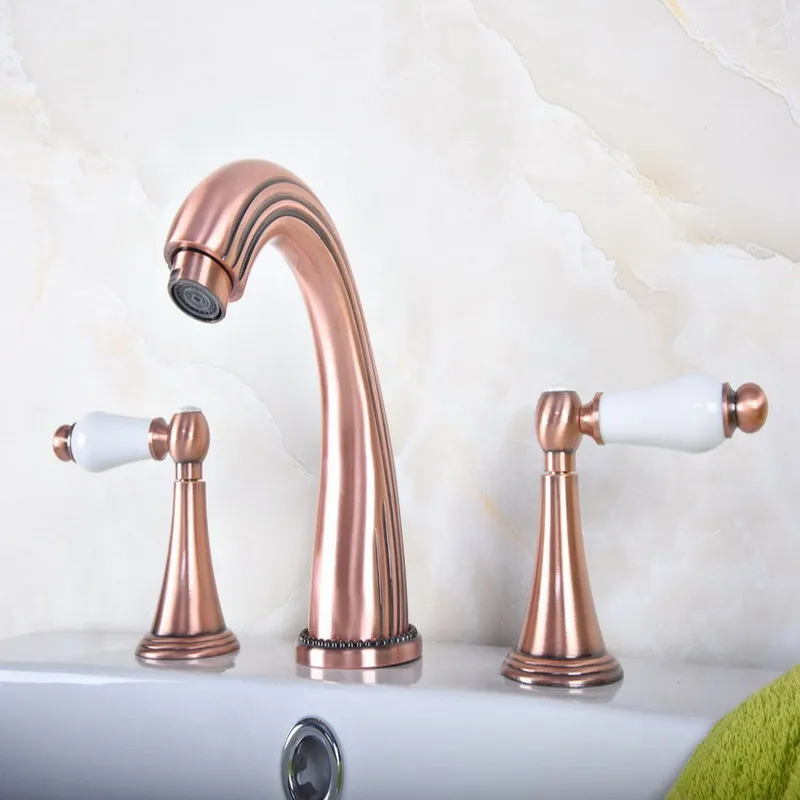 

Antique Red Copper Brass Deck Mounted Dual Handles Widespread Bathroom 3 Holes Basin Faucet Mixer Water Taps mrg077