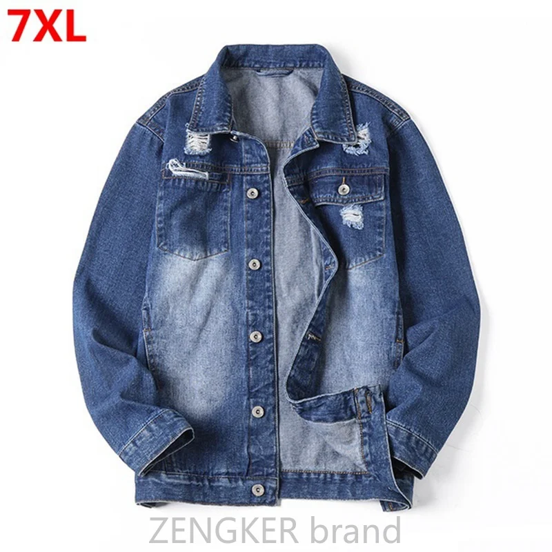 Мужская джинсовая куртка с дырками хлопковая Свободная большого размера 7XL 6XL 4XL