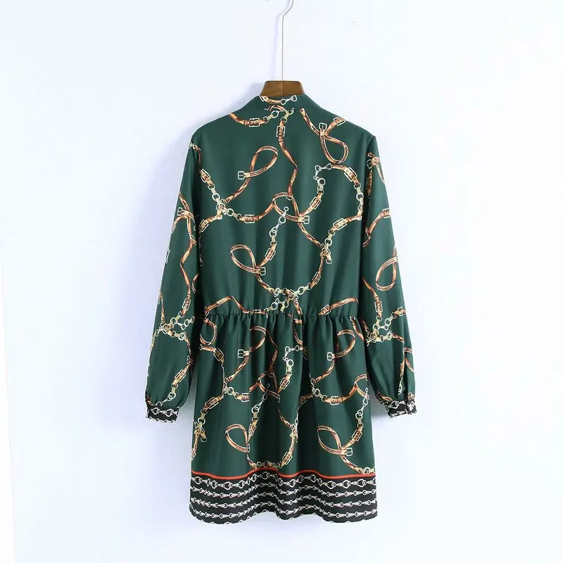 Женское мини платье с принтом цепей Za повседневное зеленое длинным рукавом для