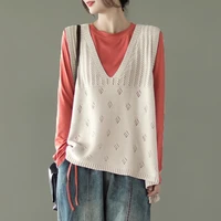2021 new spring autumn vintage sweet hollow out knitted wool womens vest v neck pullover girl outdoor leisure simple beige