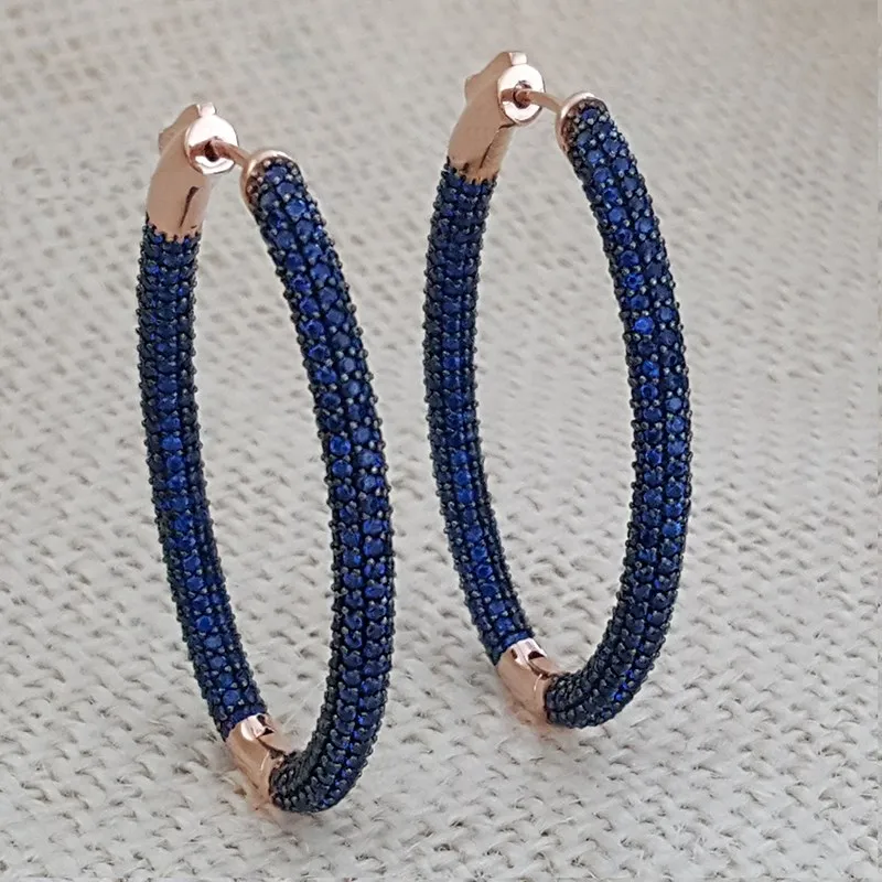 Сапфировые серьги-кольца из серебра 925 пробы, огромные Роскошные серьги темно-синего цвета для женщин