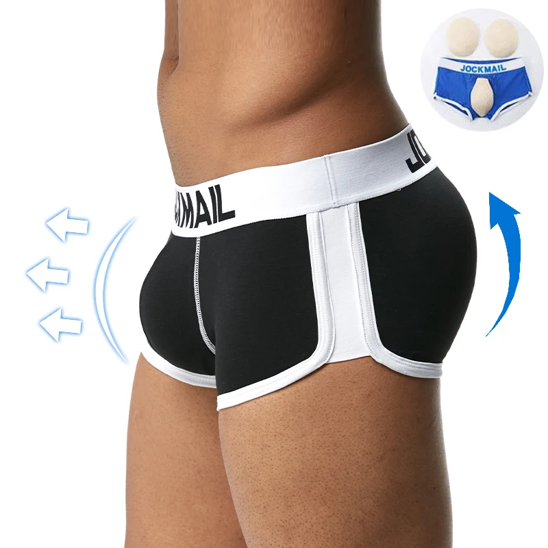 

JOCKMAIL Sexy Men's Padded Boxer Shorts Cotton Push UP Gay Underwear Butt Enhancer Soft Trunk include pads Front & Back