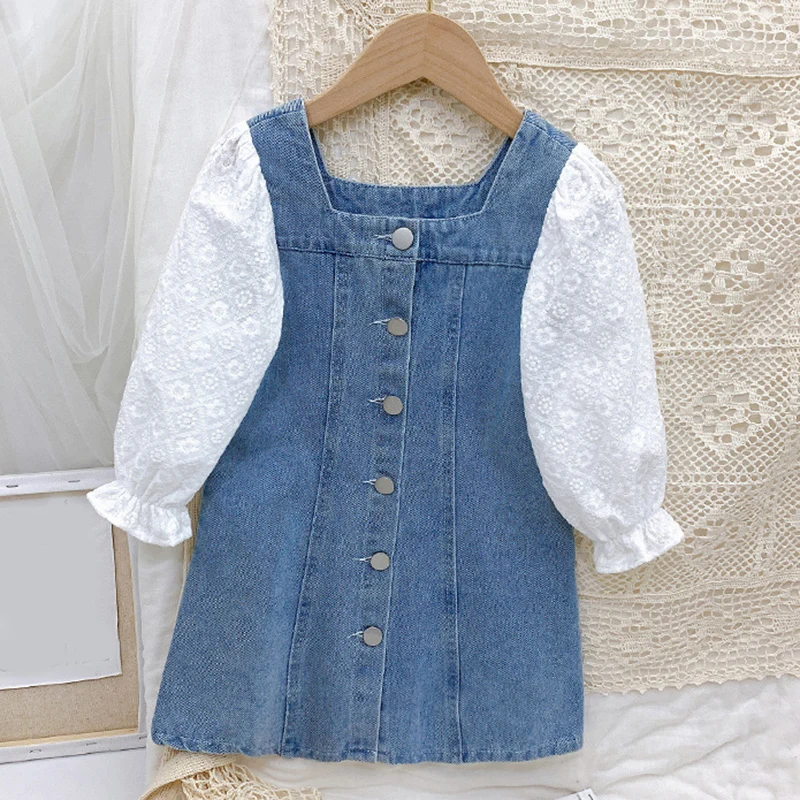 

2022 New Spring Autumn Long Sleeve Stitching Denim Dress Casual Dress Kid Clothes Girl Clothes Children Dress