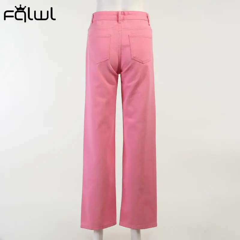

FQLWL Summer Sexy Pink Baggy Jeans Women 2021 Solid Buttons Hole Pocket Denim Trousers Female High Waist Club Fashion Pants