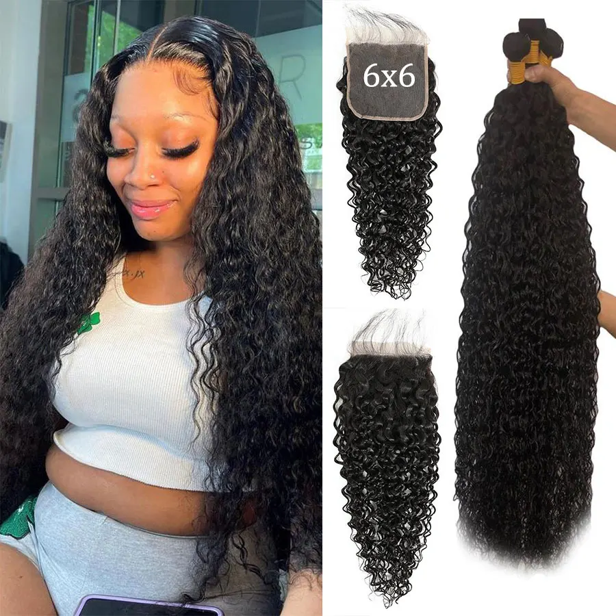 Missanna 34 36 38 Inch Water Wave Bundles With 6x6 Lace Closure Brazilian Hair Wavy Curly Human Hair 3 Bundles With Closure