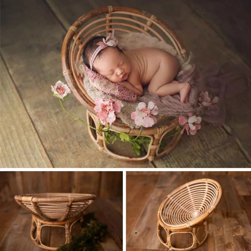 Retro Newborn Woven Rattan Basket Retro Split Chair Baby Girl Boy Photo Shoot Sofa Bed Studio Photography Props Accessoires Gift